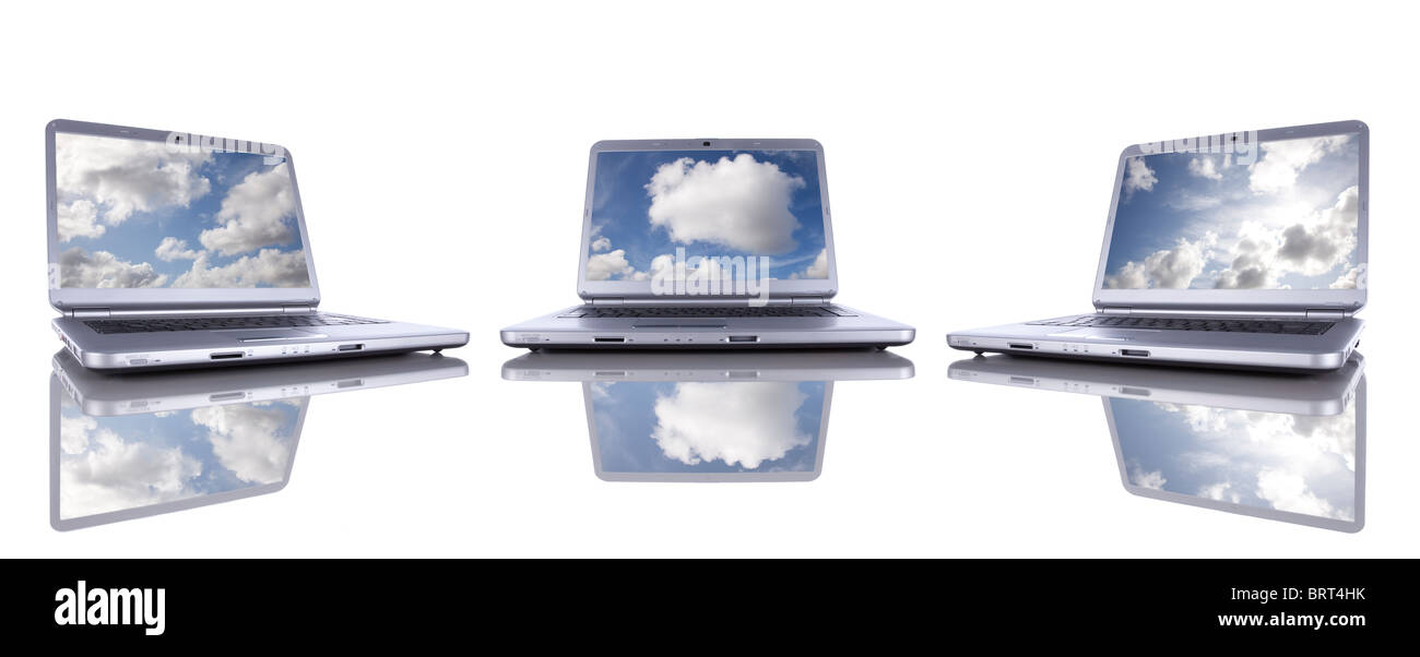 Cloud computing concept in three modern laptop isolated on white Stock ...