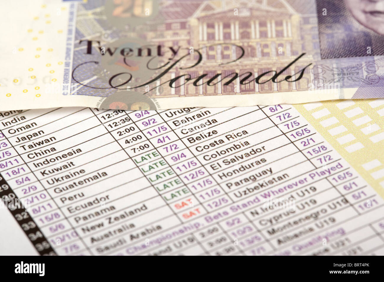 international football betting slip from a bookmakers with twenty pound note Stock Photo