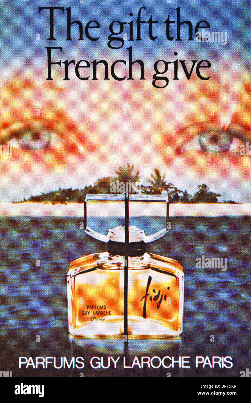 Guy Laroche perfume advert in Britannia Airways magazine advertising duty free goods for sale circa 1977 Stock Photo