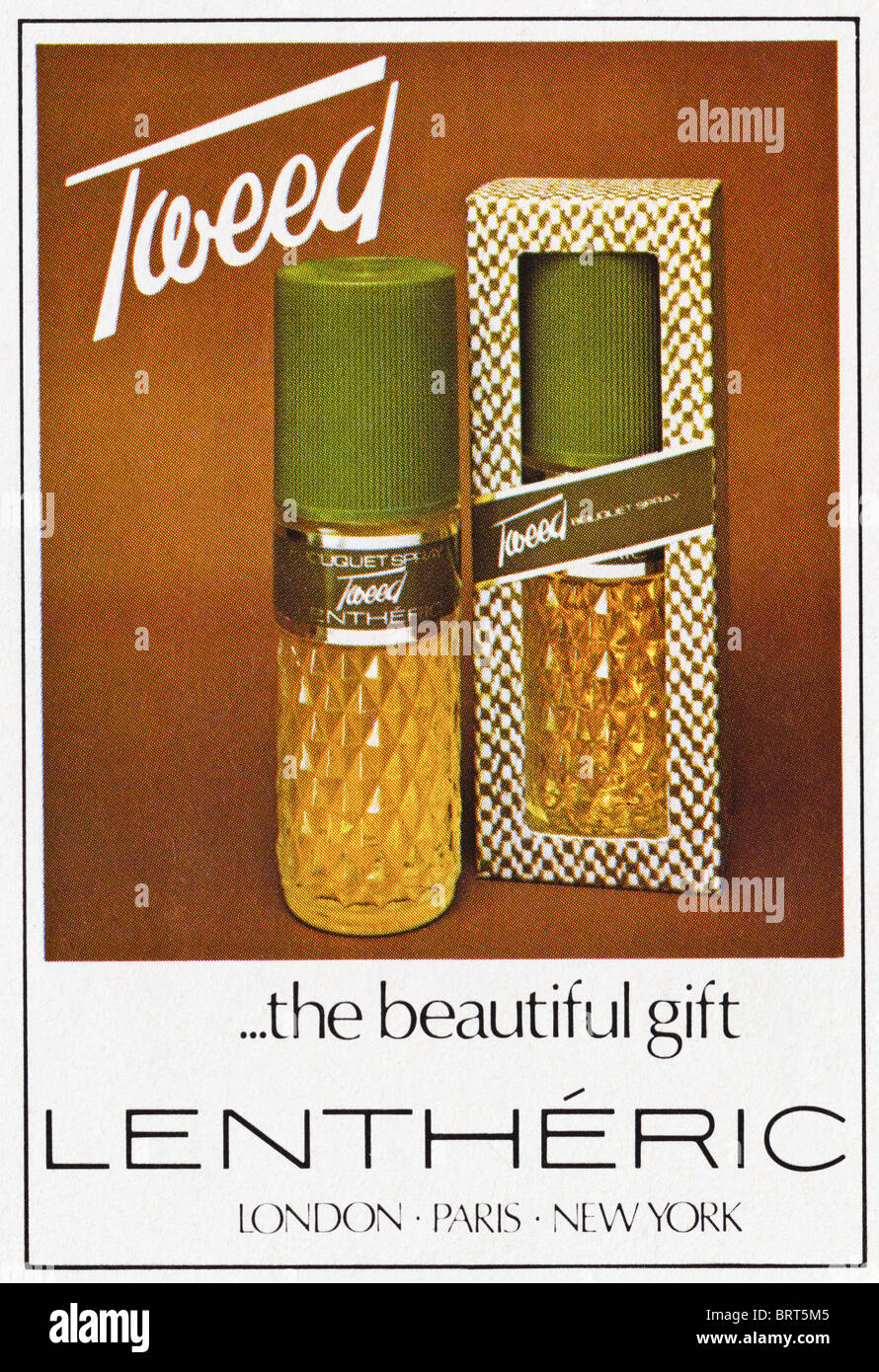 Tweed by Lentheric perfume advert in Britannia Airways magazine advertising duty free goods for sale circa 1977 Stock Photo