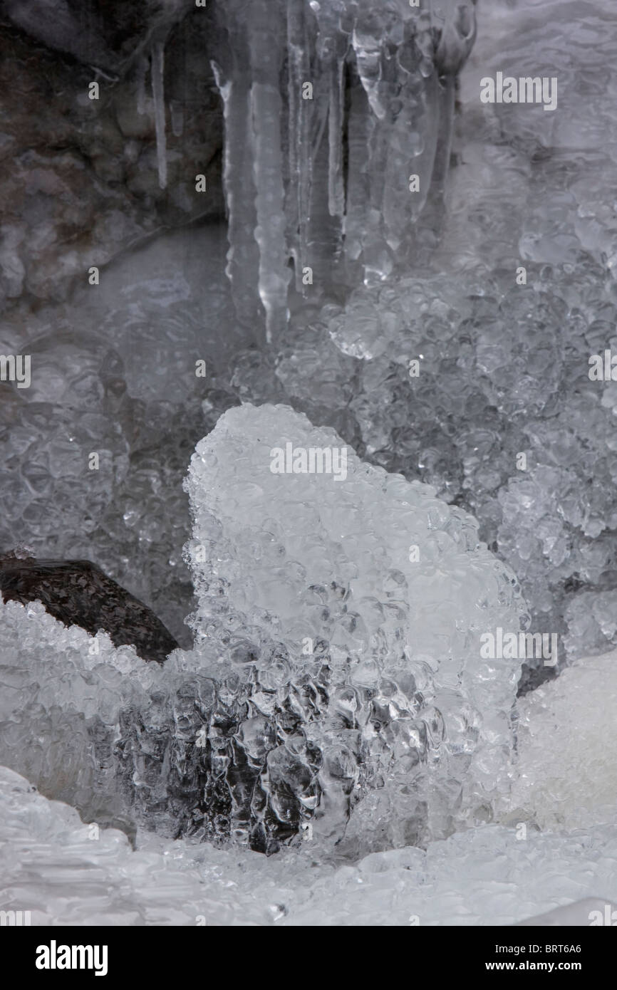 Ice crystals below Snoqualmie Falls in winter, Snoqualmie, Washington. Stock Photo