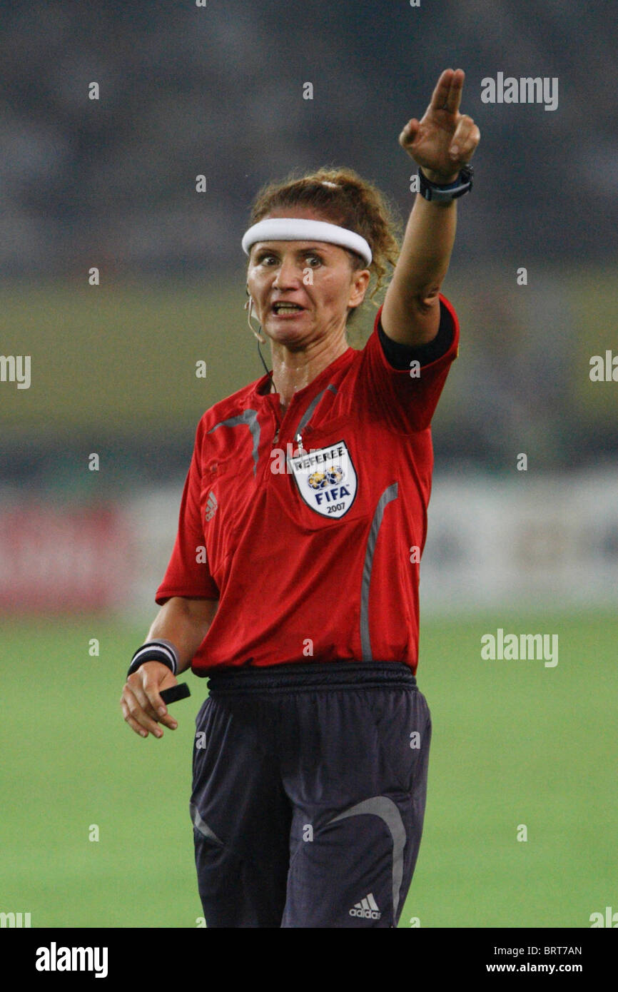 Referee Nicole Petignat signals for a corner kick during a 2007 Women's World Cup soccer match between the USA and Brazil. Stock Photo