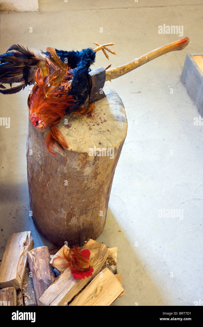 Model of a rooster with its head chopped off by an axe Stock Photo