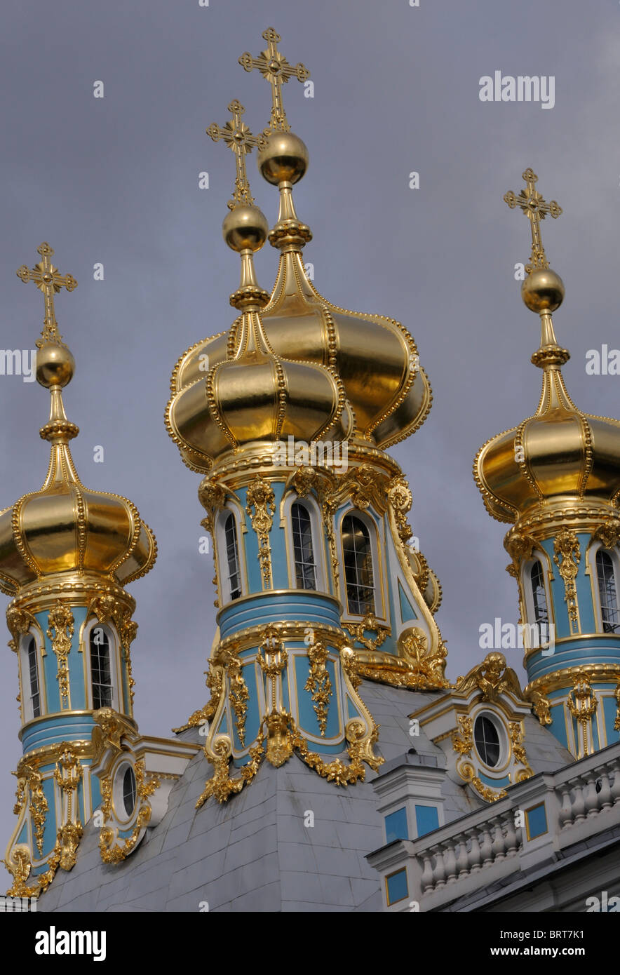 Roof of the Palace Church with golden domes and crosses at the Catherine Palace Museum, Tzarskoje Selo Palace at Pushkin. Stock Photo