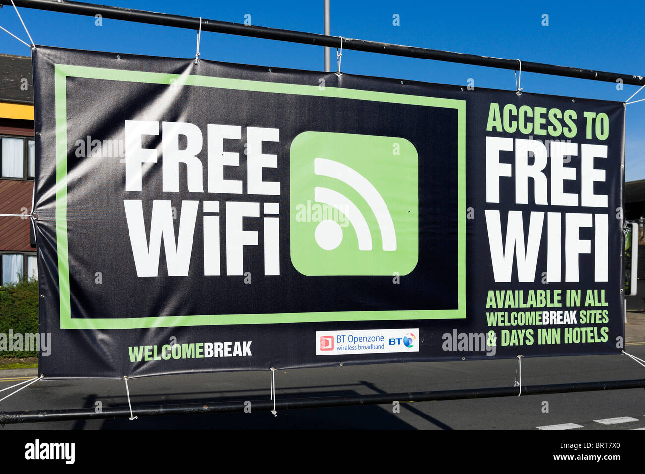 Free WiFi sign at Welcome Break Motorway Service Station, Hartshead, M62, West Yorkshire, England, UK Stock Photo