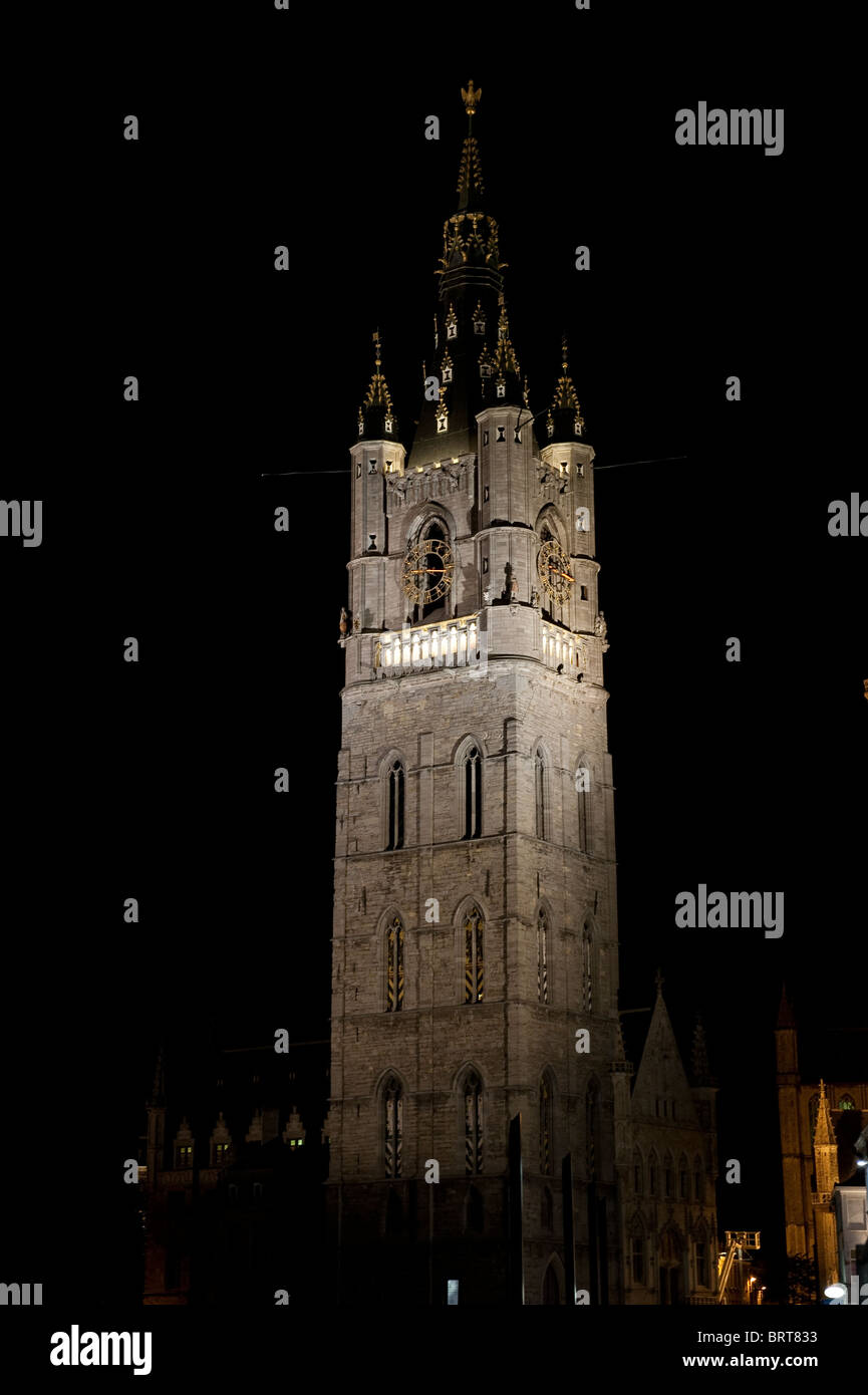 Night Scene of The Belfry, Ghent Belgium Stock Photo