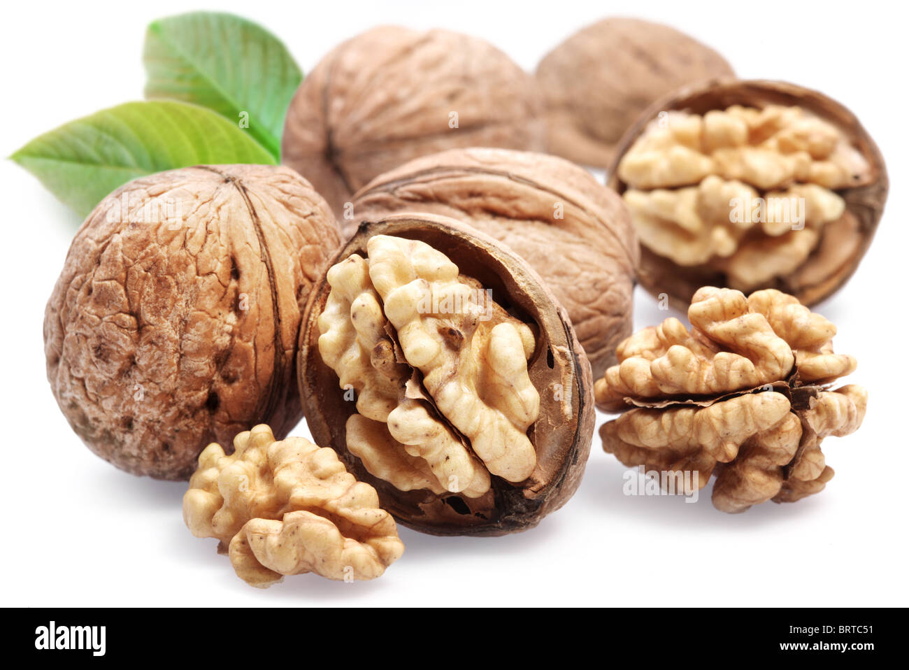 Walnuts with leaf isolated on a white background. Stock Photo