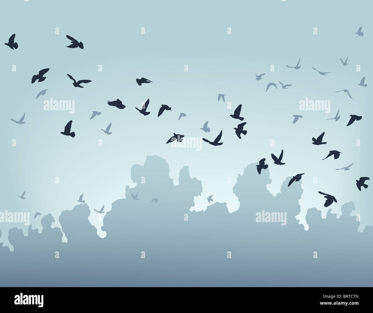 Illustration of a flock of flying birds against the sky Stock Photo - Alamy