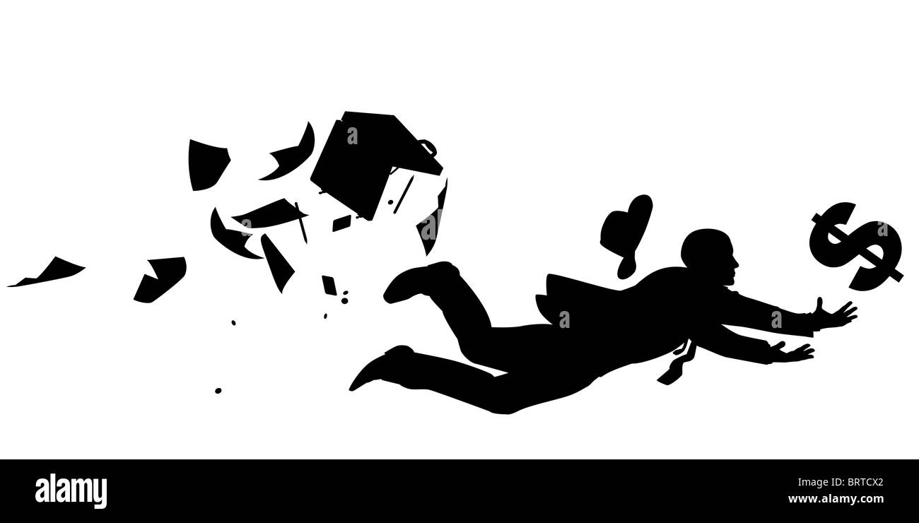 Illustrated silhouette of a businessman desperately trying to catch a falling dollar Stock Photo