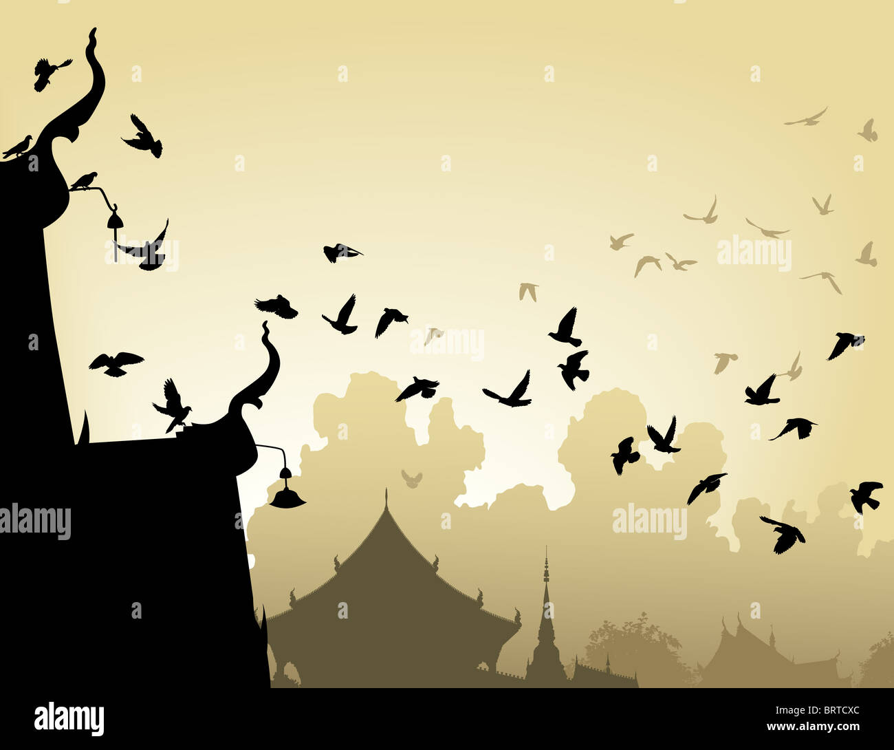Illustration of pigeons flying to a Buddhist temple roof Stock Photo