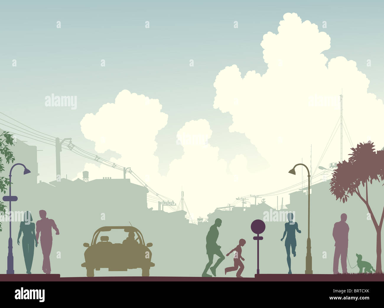 Illustrated silhouette of a busy street with copy space Stock Photo - Alamy