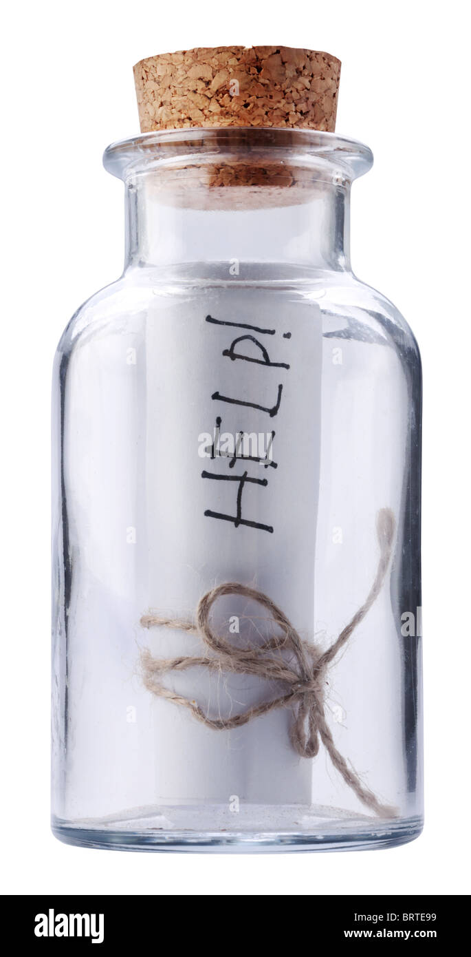 Help message corked into the bottle. Isolated on a white. Stock Photo