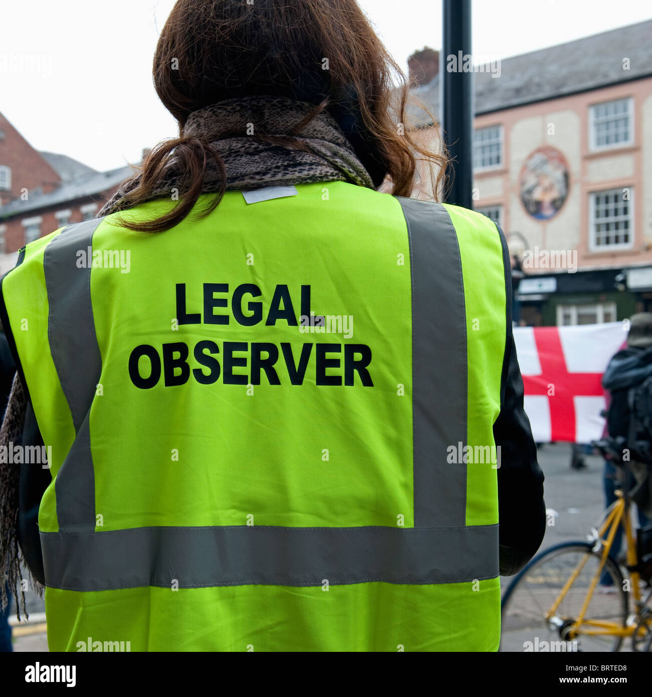 A legal observer watches on as The English Defence League demonstrate in Leicester. 9th October 2010. Stock Photo
