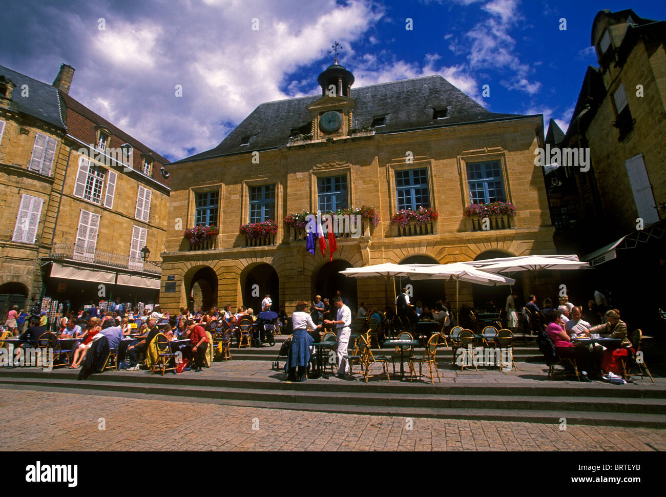people, tourists, visitors, visiting, Place de la Liberte, old town, town of Sarlat-la-Caneda, Dordogne, Aquitaine, France, Europe Stock Photo