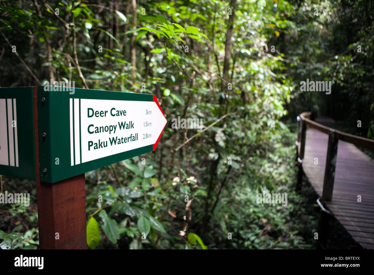 A sign is seen in Gunung Mulu National Park in Sarawak, Malaysian Borneo Stock Photo