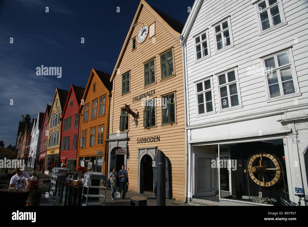 Bryggen old wooden fishing warehouses in Bergen Harbour a UNESCO world heritage site. Stock Photo
