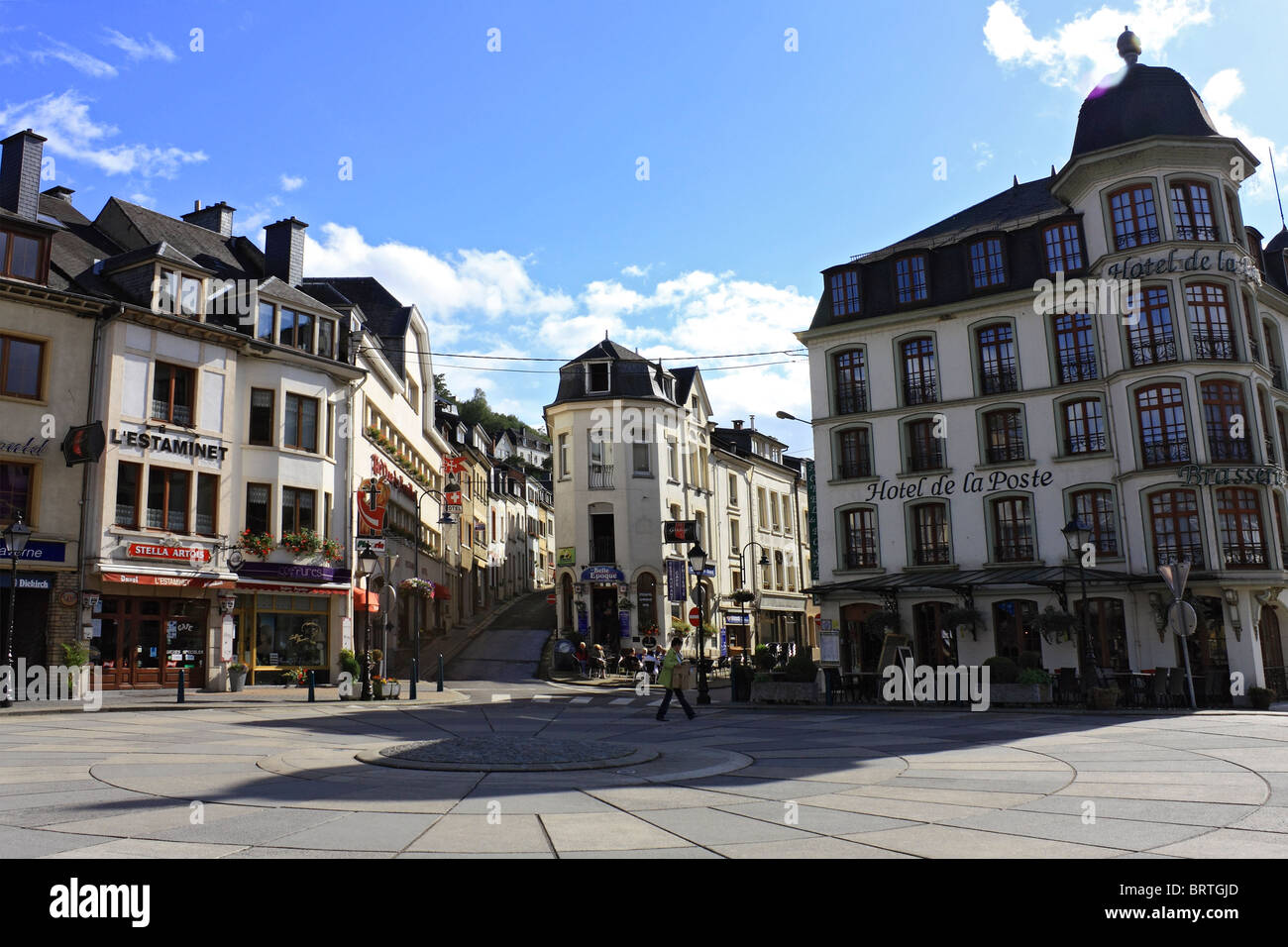 The town of Bouillon sits in a sharp bend of the river Semois in the Walloon region of  Belgium. Stock Photo