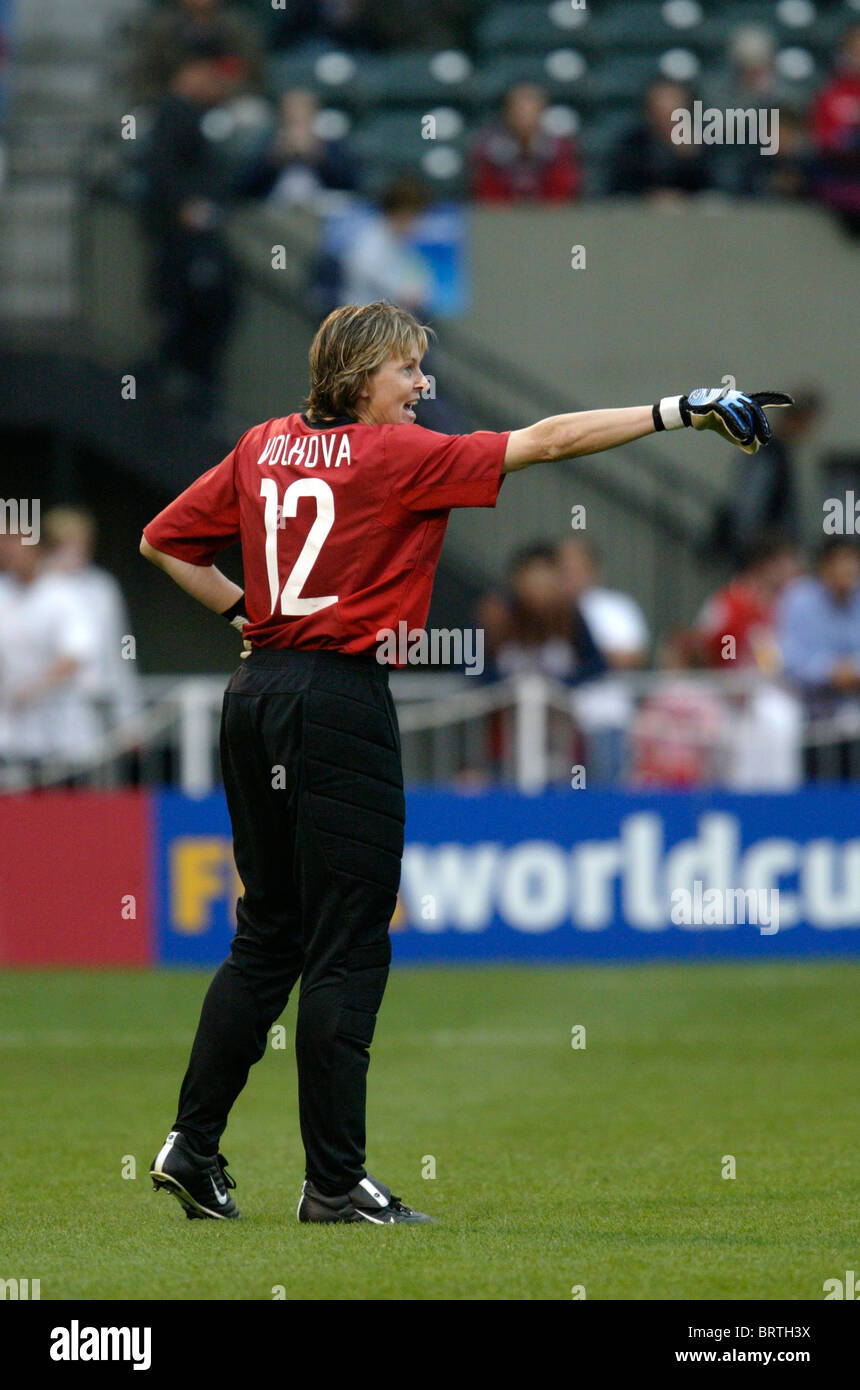 Russia goalkeeper Alla Volkova gestures during a 2003 Women's World Cup quarterfinal soccer match against Germany. Stock Photo