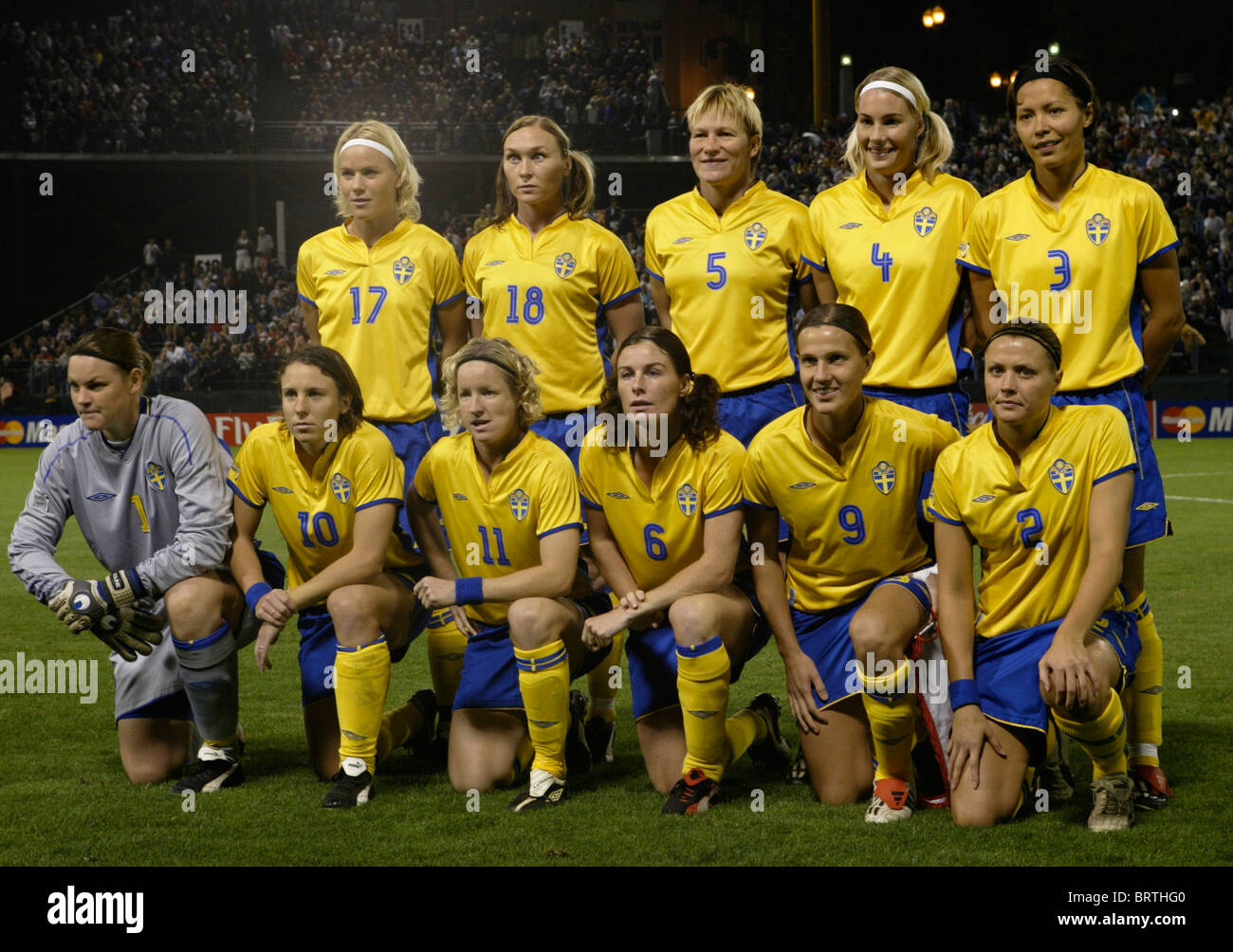 The Sweden starting eleven lines up prior to the start of a 2003 Women's World Cup soccer match against Canada (see description) Stock Photo