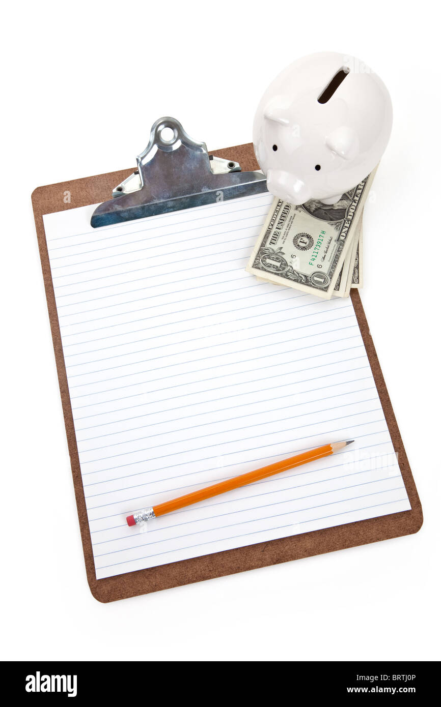 Piggy bank and Clipboard, Concept of Home Finance plan Stock Photo