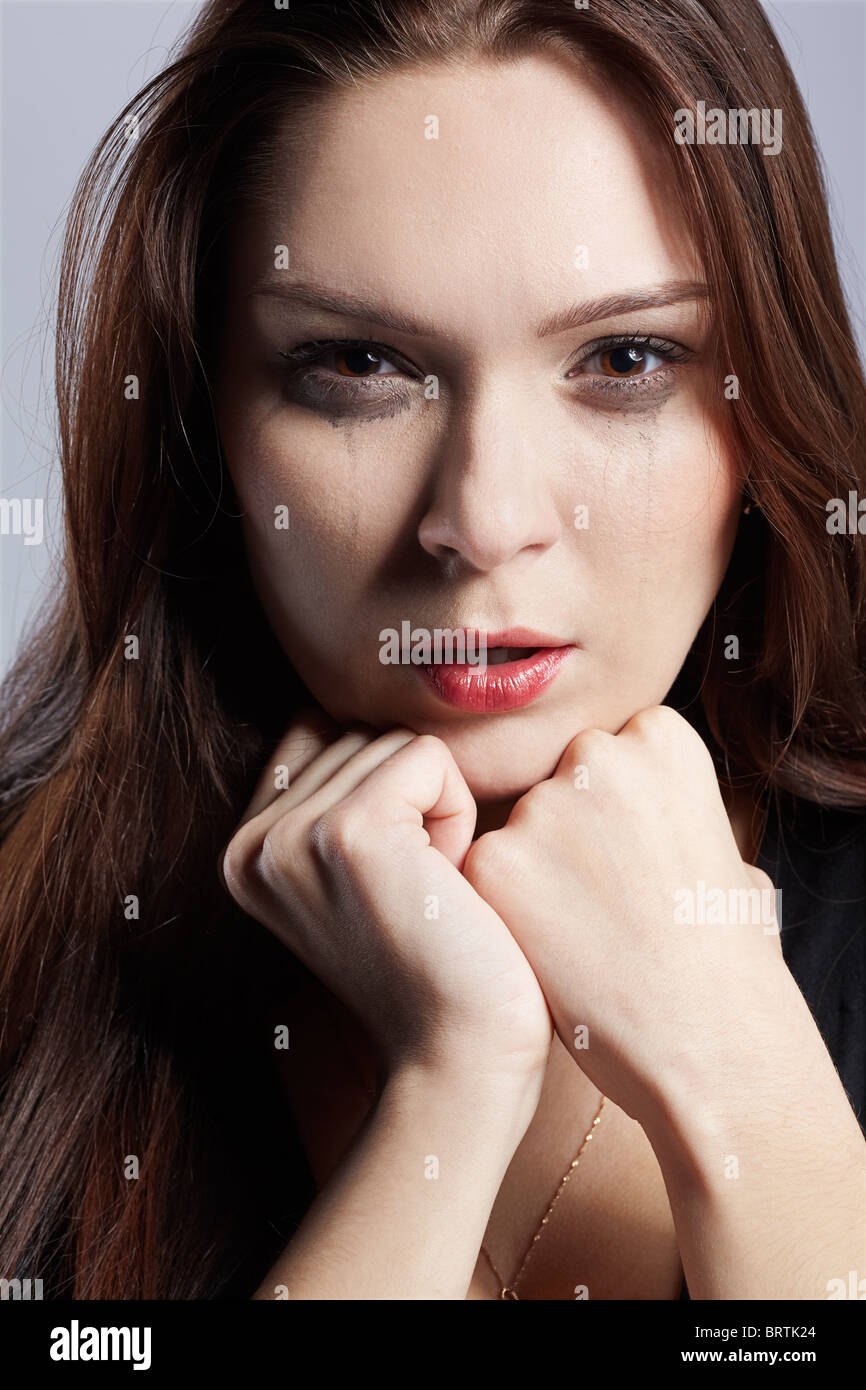 portrait of beautiful crying girl with smeared mascara Stock Photo Alamy