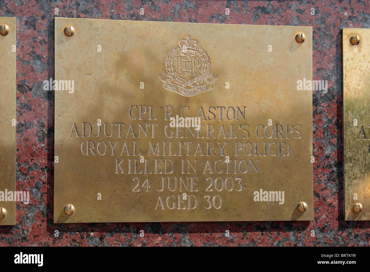 Name plate for CPL RC Aston, Royal Military Police on the Basra Memorial Wall, National Memorial Arboretum, Alrewas. Stock Photo