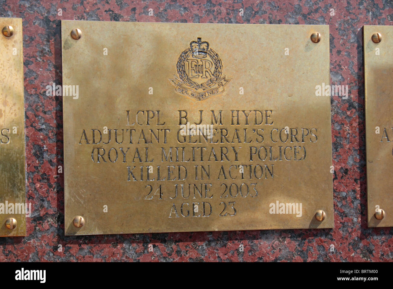 Name plate for LCPL BJM Hyde, Royal Military Police on the Basra Memorial Wall, National Memorial Arboretum, Alrewas. Stock Photo