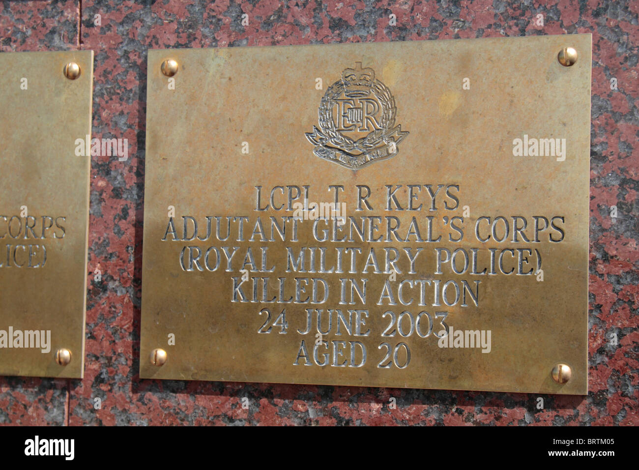 Name plate for LCPL TR Keys, Royal Military Police on the Basra Memorial Wall, National Memorial Arboretum, Alrewas. Stock Photo