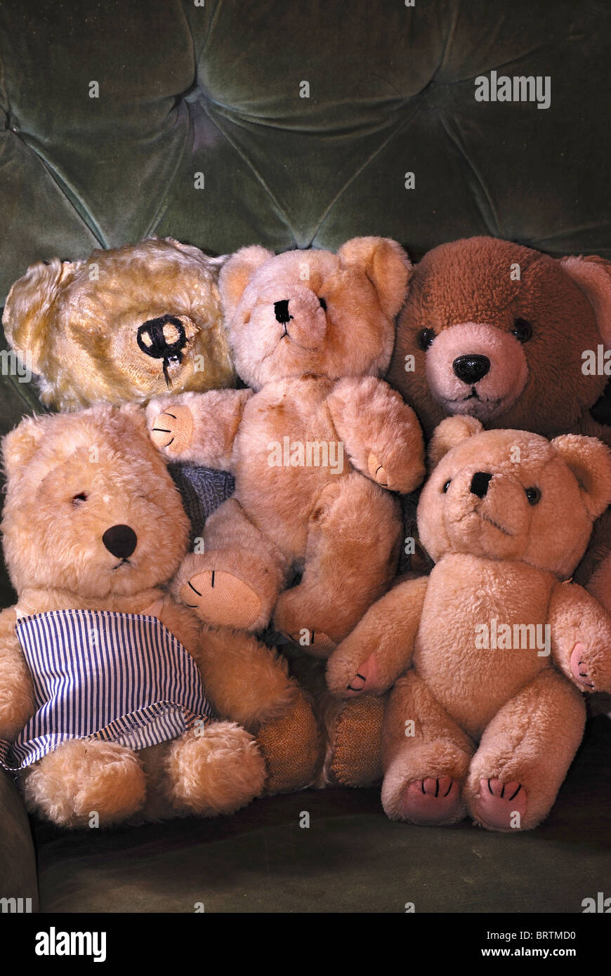 A cluster of favourite old teddies in an antique green velvet armchair