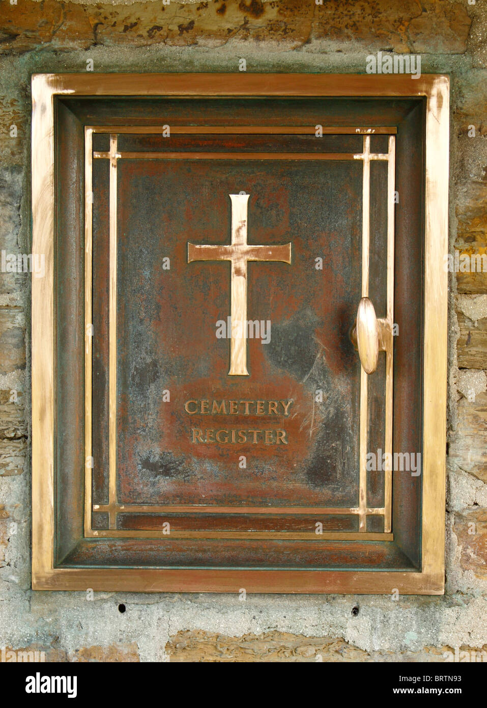 Bronze box in which a register of the graves is stored, Lyness Naval Cemetery, Hoy, Orkney, Scotland Stock Photo