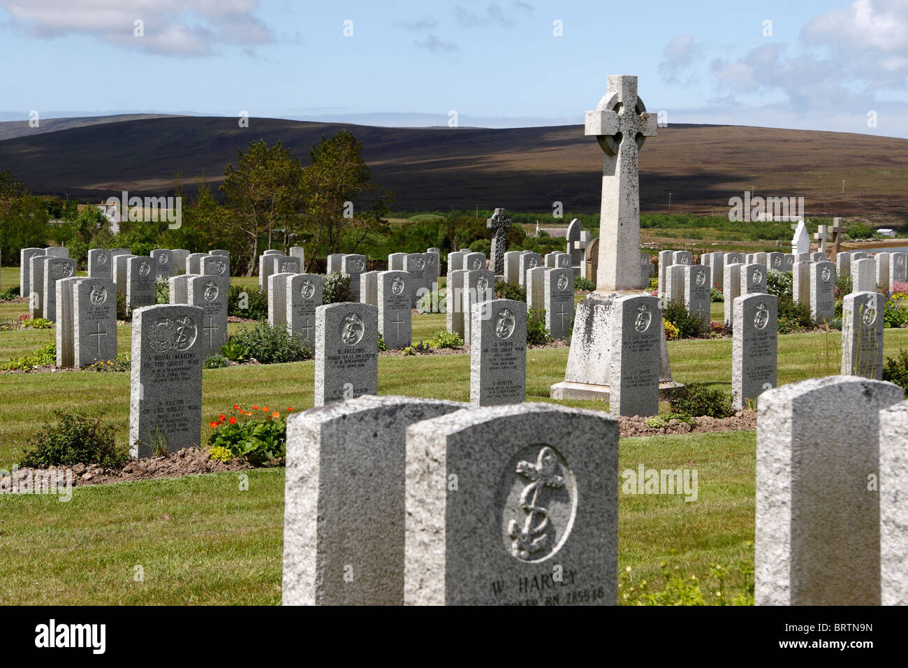 View across Lyness Naval Cemetery to the hills of Hoy, Orkney, Scotland Stock Photo