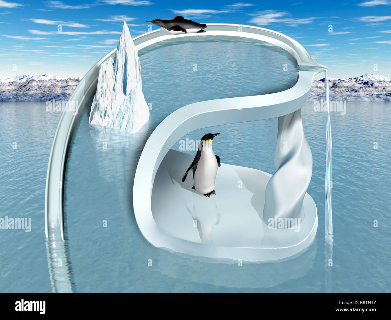 Illustration of an impossible two tiered penguin playground Stock Photo