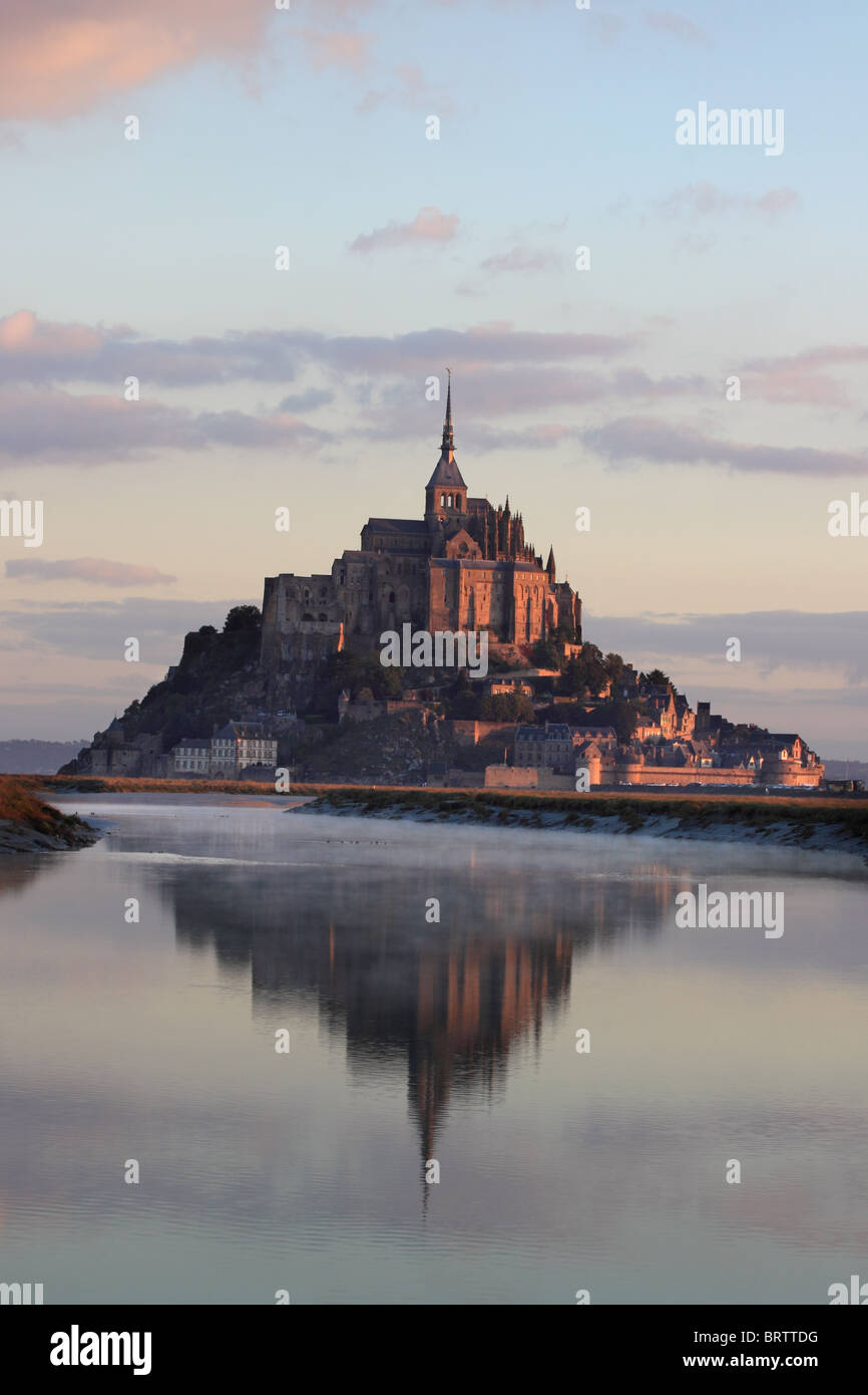 A dawn view of Mont Saint Michel, the famous tidal island in Normandy, northern France Stock Photo