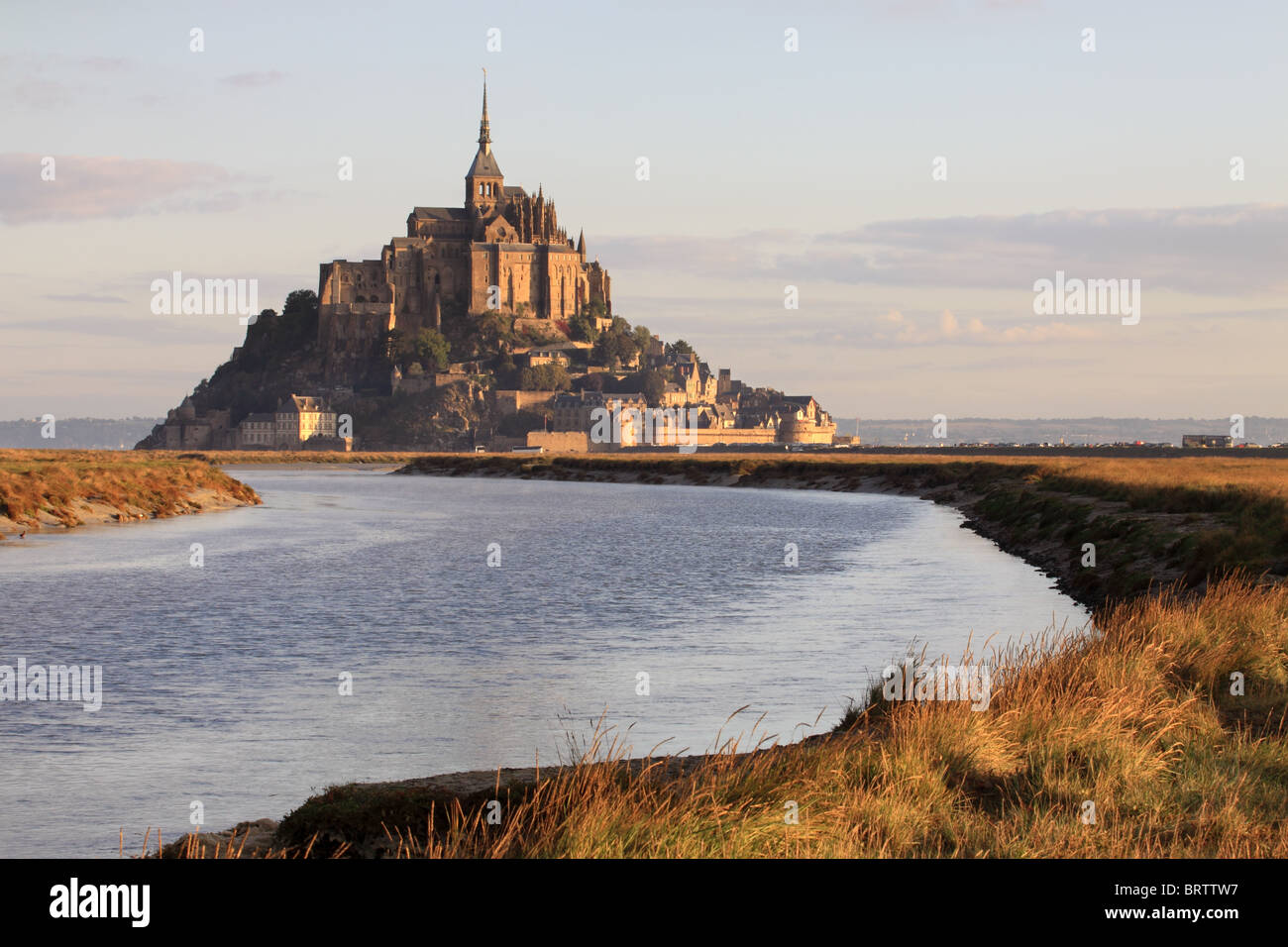 A dawn view of Mont Saint Michel, the famous tidal island in Normandy, northern France Stock Photo