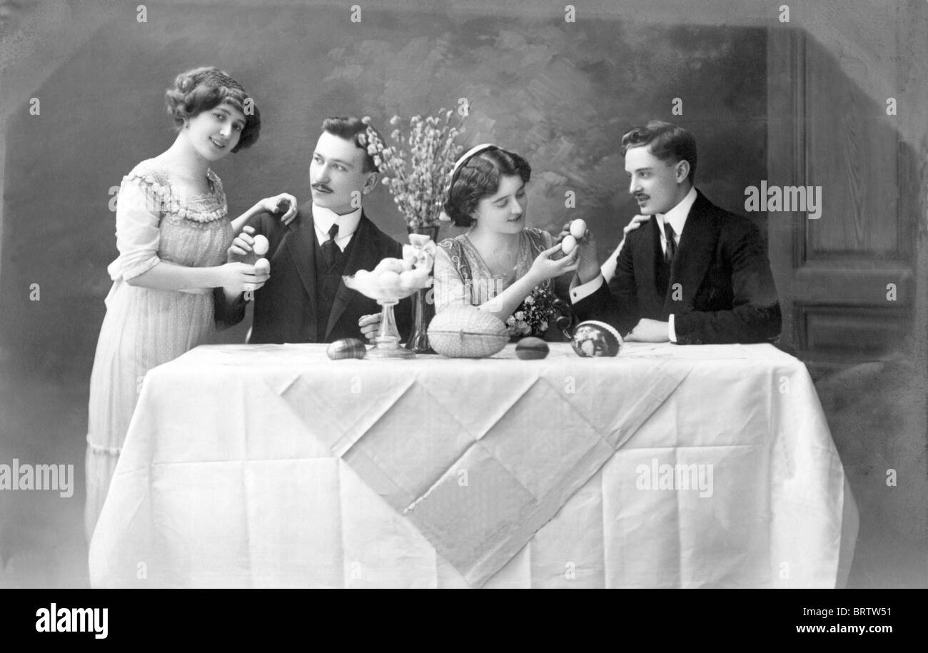 Two couples flirting at Easter, historical image, ca. 1912 Stock Photo