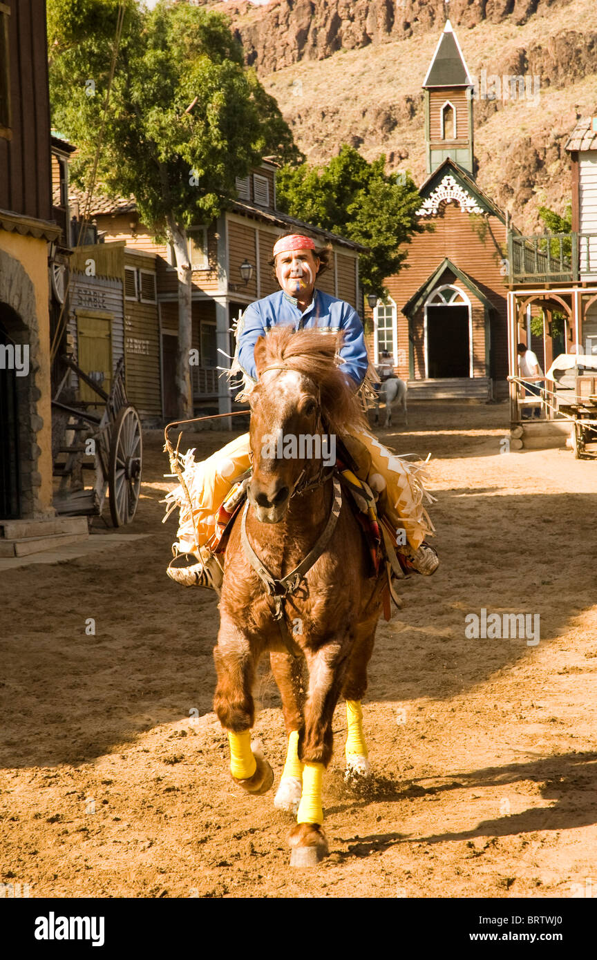 Indian riding horse back in Sioux City a western tourist attraction in Gran Canaria Stock Photo