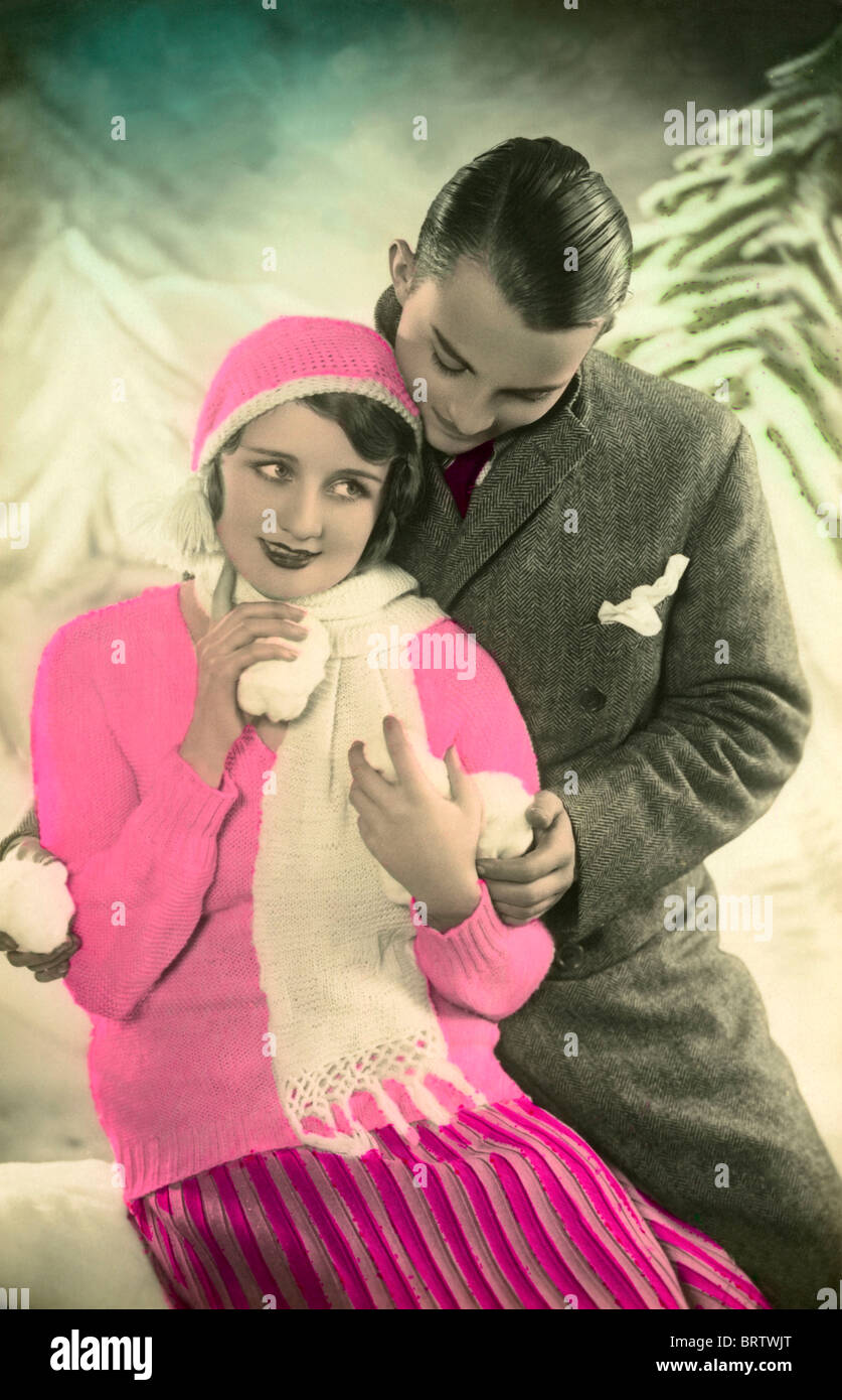 Couple with sowballs, kitsch, historical image, ca. 1929 Stock Photo