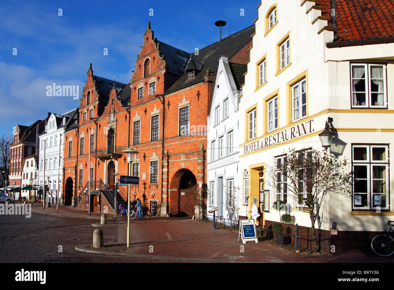 Town Hall and gabled houses at the market place in the historic town centre of Glueckstadt, Schleswig-Holstein, Germany, Europe Stock Photo