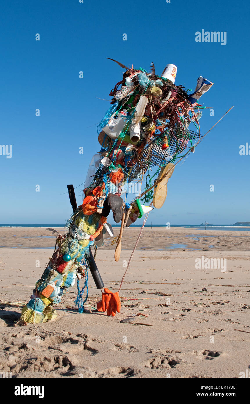 a sculpture made from litter found on  a beach near hayle in cornwall, uk Stock Photo
