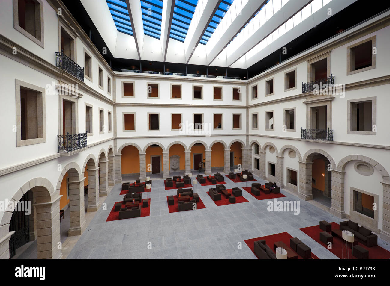 Roofed interior cloister square lobby area at the Pousada de Portugal hotel in Viseu, Portugal Stock Photo