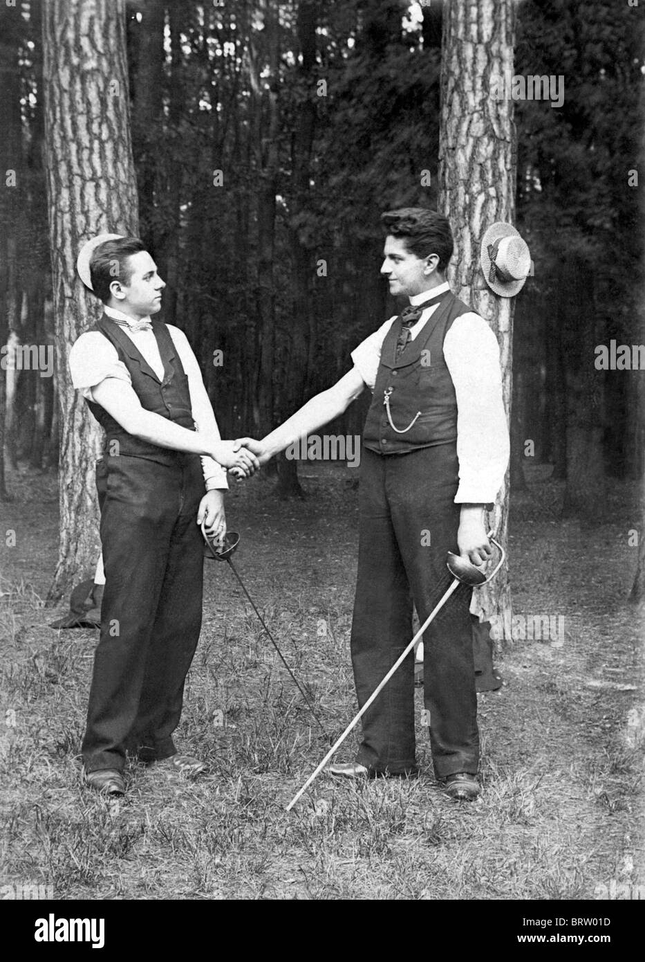 Two student having a duel, historical image, ca. 1912 Stock Photo