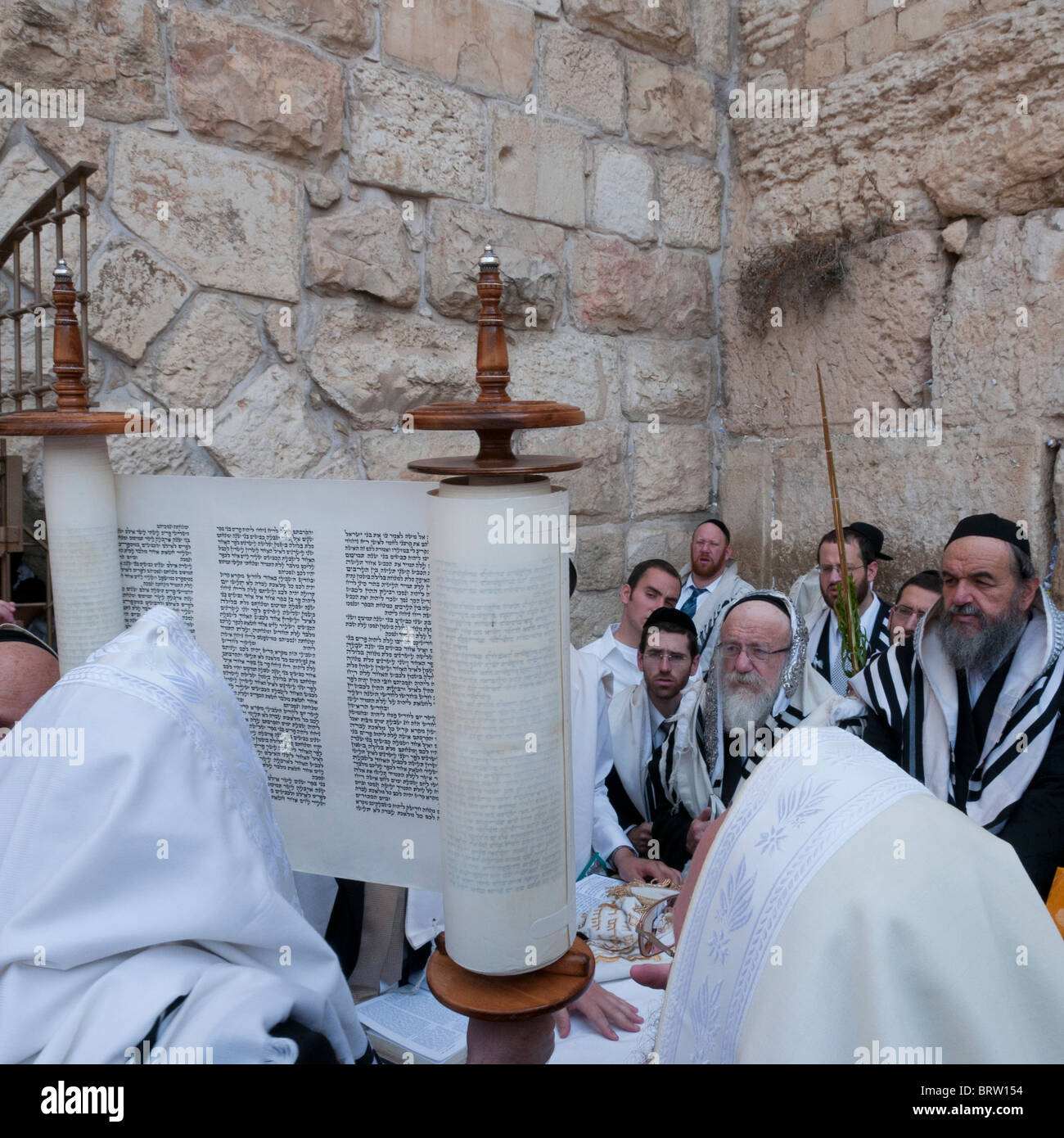 jews holding the Torah Scroll at the Western Wall. jerusalem. israel Stock Photo