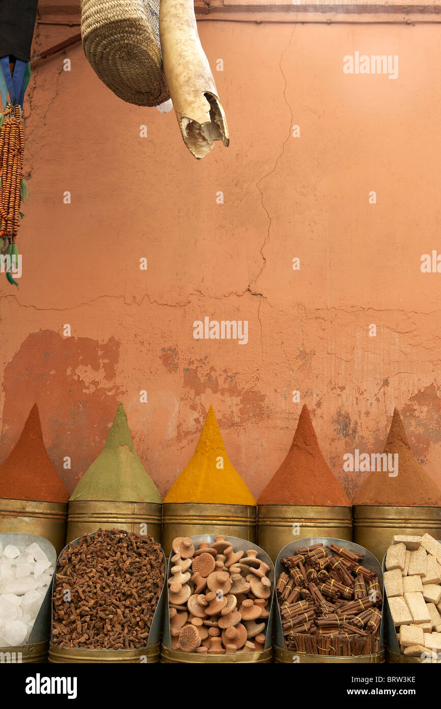 MARRAKESH: ROWS OF SPICES OUTSIDE SHOP Stock Photo