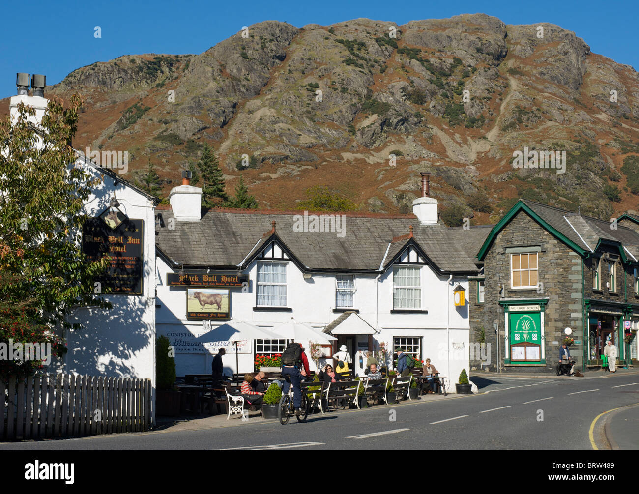 The Black Bull pub, in the town of Coniston, Cumbria, England UK Stock Photo