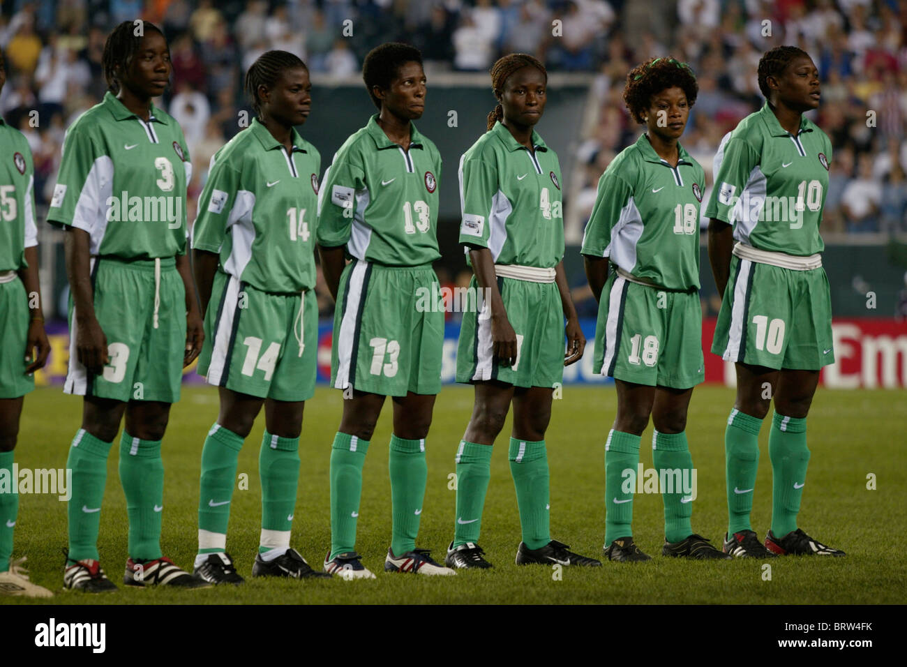 Nigerian players line up prior to a 2003 Women's World Cup soccer match against the United States (see description for details). Stock Photo