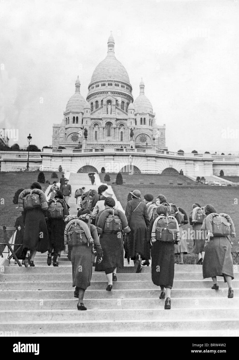 Tourists visiting Sacre Coeur, Paris, France, historical image, ca. 1930 Stock Photo