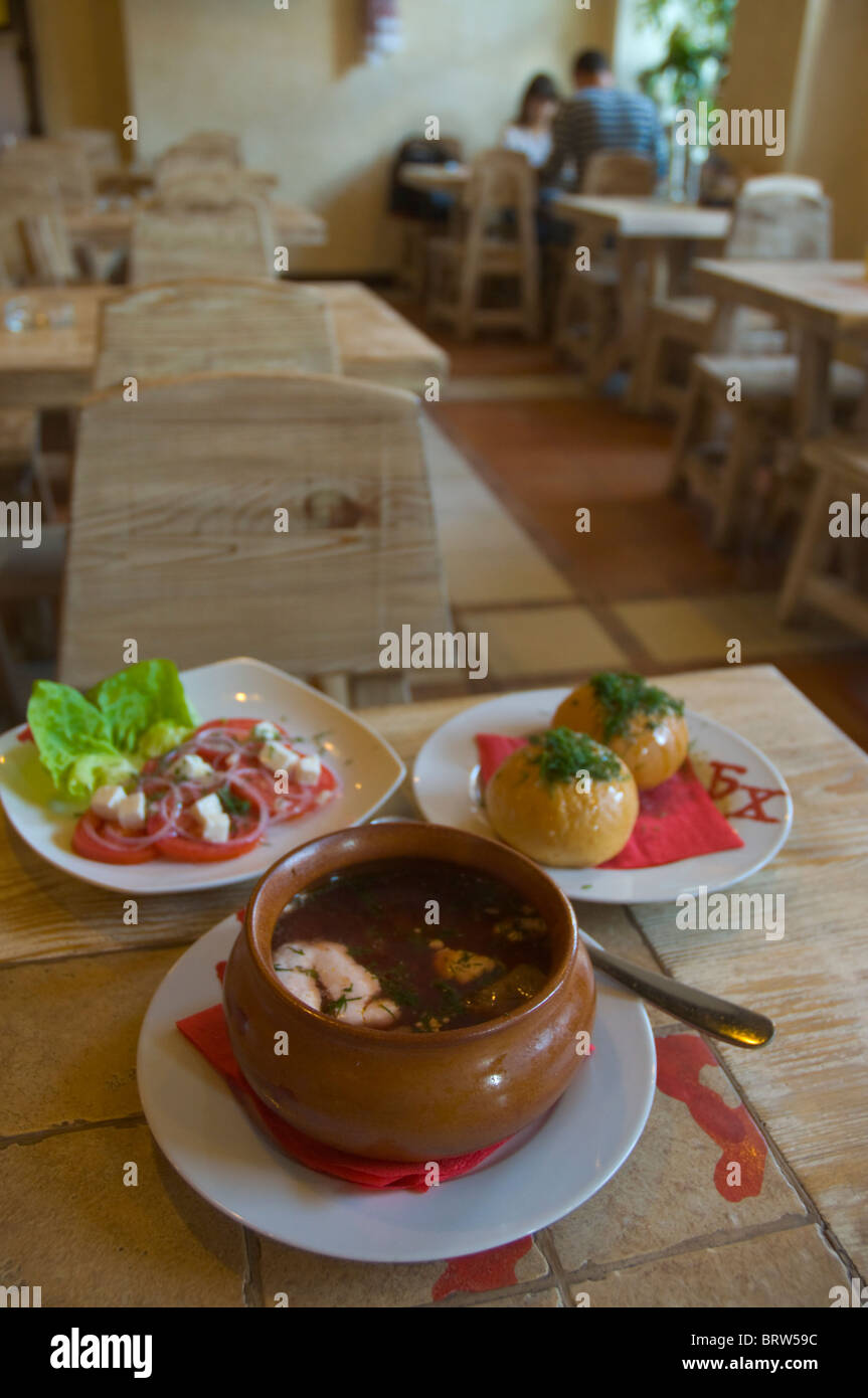 Borscht soup in a traditional Russian restaurant Moscow Russia Europe Stock Photo