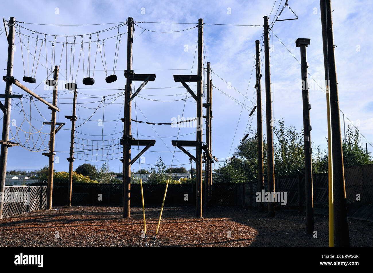 A ropeworks area for the more adventurous with a head for heights at Primrose Valley Holiday Park, Filey Stock Photo