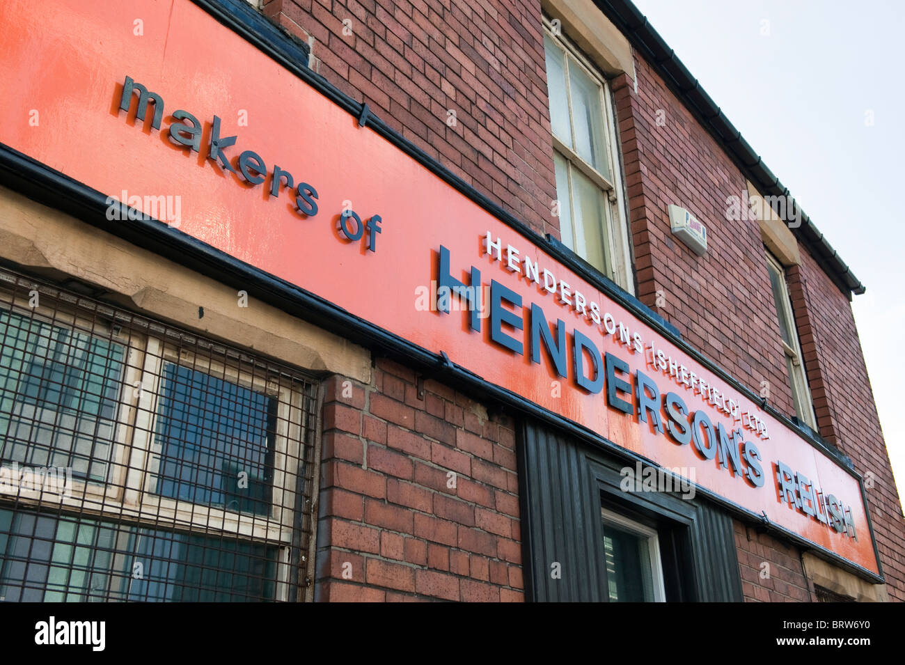 Sign above the Henderson's Relish makers shop on Leavygreave Road Sheffield. Stock Photo