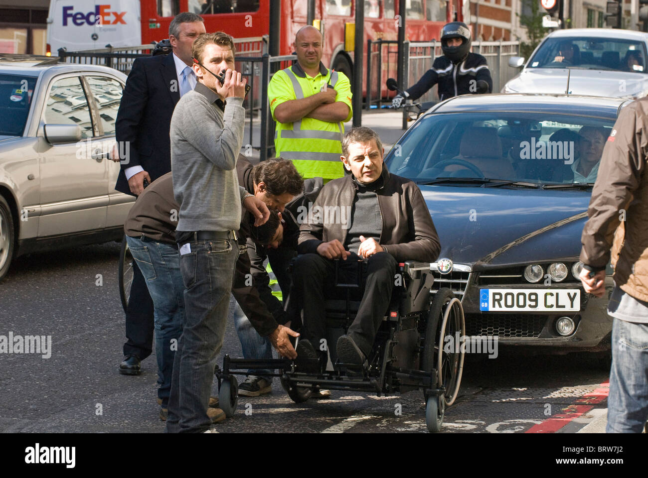 Rowan Atkinson in a wheelchair on set of Johnny English Reborn 2, in New bridge Street, EC4